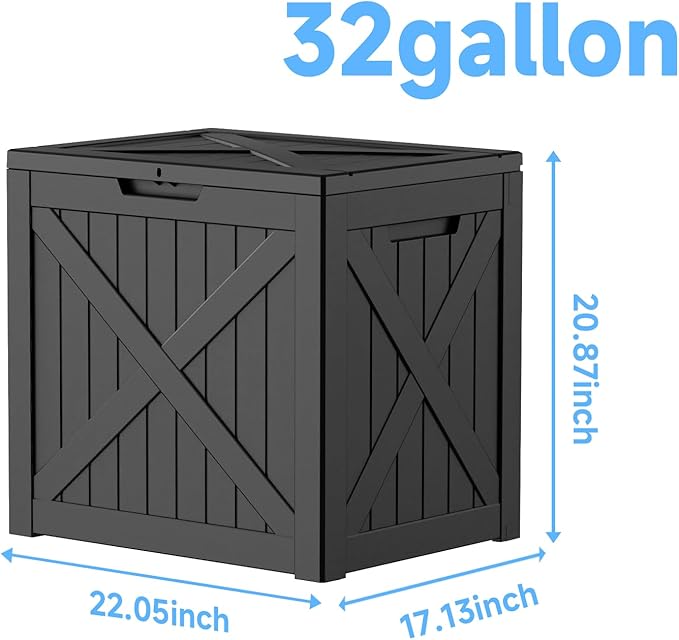 Waterproof Outdoor Storage Box, 32 Gallon Lockable Deck Box, UV-Resistant Outside Storage Bin With Hydraulic Lid For Patio Furniture, Cushion Organizer, Garden Tools, Pool Accessories, Black