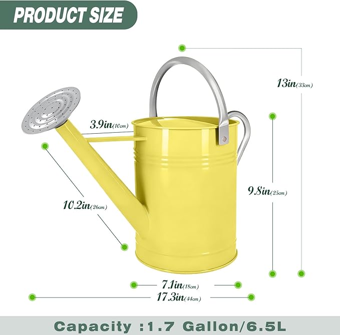 Metal Watering Can for Outdoor Plants, 1.7 Gallon Yellow Garden Watering Can for Flower, Houseplants, Galvanized Finish