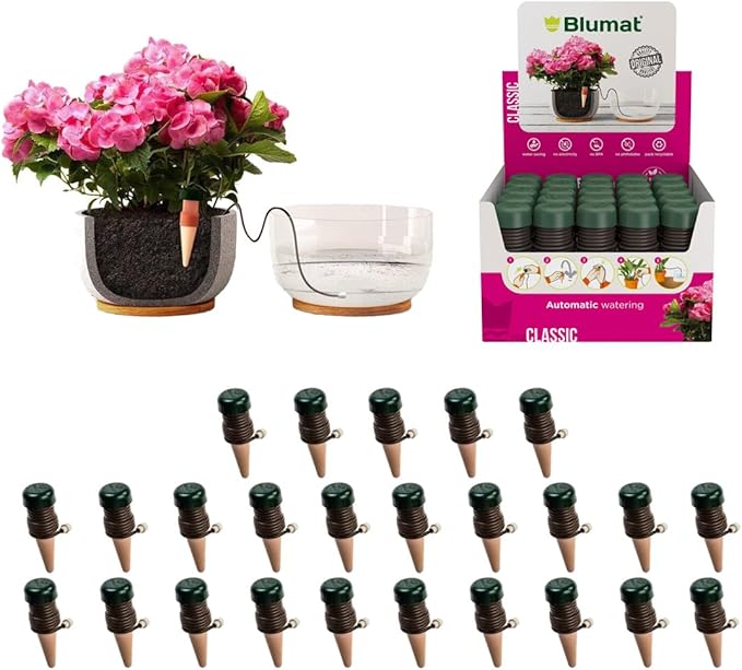 Blumat Classic Self-Watering Stakes - Prevents Overwatering and Underwatering for Healthy Growth While You are Away - Ideal for Indoor Plant Watering, 25 Pack, wo Adapter