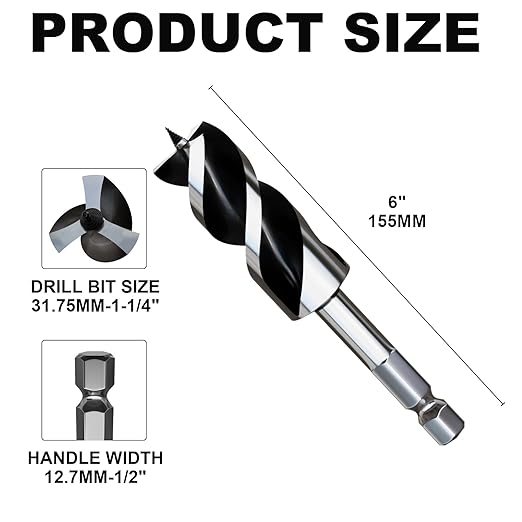 1-1/4"×6" Professional Auger Drill Bit for Wood with Quick Change 1/2" Hex Shank- 3-Cutter Design with Dual-Flute for Fast Chip Removal, Fits Hardwood, Softwood, PVC, Drywall & Tree Stumps
