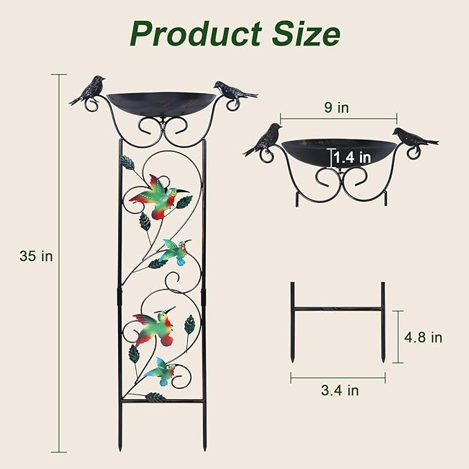 hogardeck 35” Metal Bird Bath with Garden Trellis for Climbing Plants Outdoor, Vintage Detachable Decorative Birdbath Bowl, Metal Plant Support for Climbing Flowers