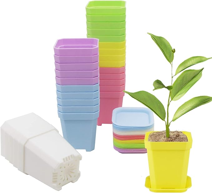foxany 30 Pcs 3" Plants Nursery Pot, Thick Plastic Square Colorful Flower Planting Pots, Plant Seedling Pots, Seed Starting Pots with Saucers - Multi 30 Pcs