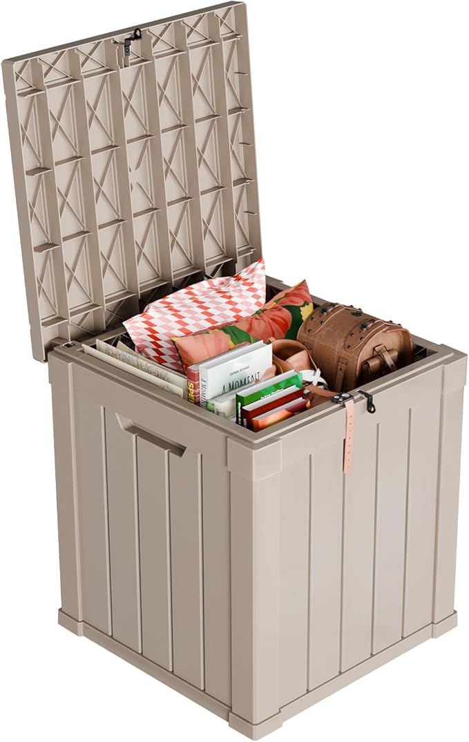 Vixzen 50 Gallon Resin Deck Box, Lockable Outdoor Storage Box for Patio Cushions Storage Furniture,Garden Tools, Pool Supplies, Weatherproof and UV Resistant（Grey，50 Gallon）