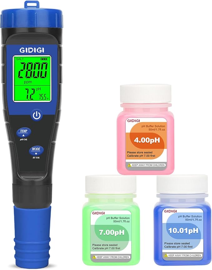 Salt Tester for Pool, pH Meter Digital 5-in-1 pH TDS EC Salt Content Meter with Calibration Solution Set, pH ppm Meter for Salt Water Pool, Aquarium, Hot Tub, Spa, Hydroponics, Home Brew