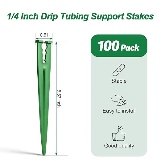 100 Pieces 1/4 Inch Drip Irrigation Support Stakes, 5.6-Inch Long Plastic 1/4'' Heavy-Duty Tubing Holder Stakes for Irrigation Hose/Emitter Support Garden Greenhouse Drip Supplies (Green)