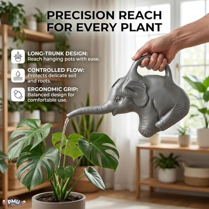 2-Quart Elephant Watering Can – Durable Plastic Garden Watering Can for Indoor & Outdoor Plants, Easy-Pour Spout, Large Water Pot, Gray