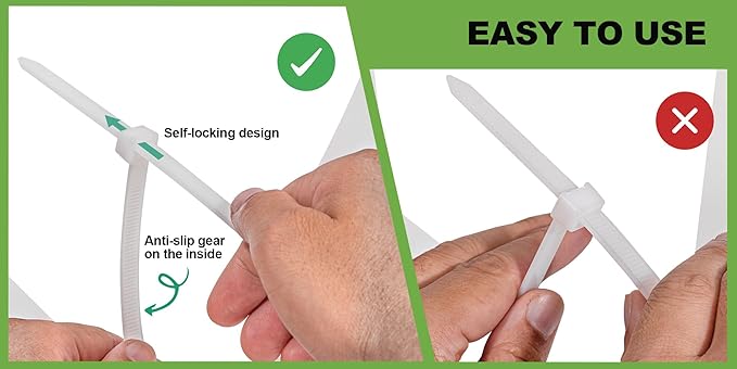 NIRAH White Zip Ties 8 inch (100 Pack), 18 lbs Tensile Strength. Self-locking Nylon Cable Ties, Wire Ties, Clear Zip Ties for Indoors, Outdoors, Dry or Wet Use