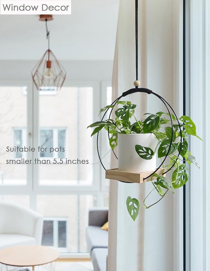 Plant Hanger with Wood Base - Boho Macrame Hanging Plant Holder for Indoor Plants Hanging Planter for Wall /Window/Room Decor Black (Pot & Plant Not Included)