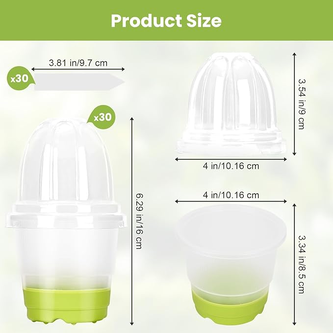 Sckee Clear Nursery Pots for Plants, 30 Packs Plastic Seed Starting Pots with Drainage Holes Plant Nursery Pots Silicone Base (Light Green, 4 inch with lids)