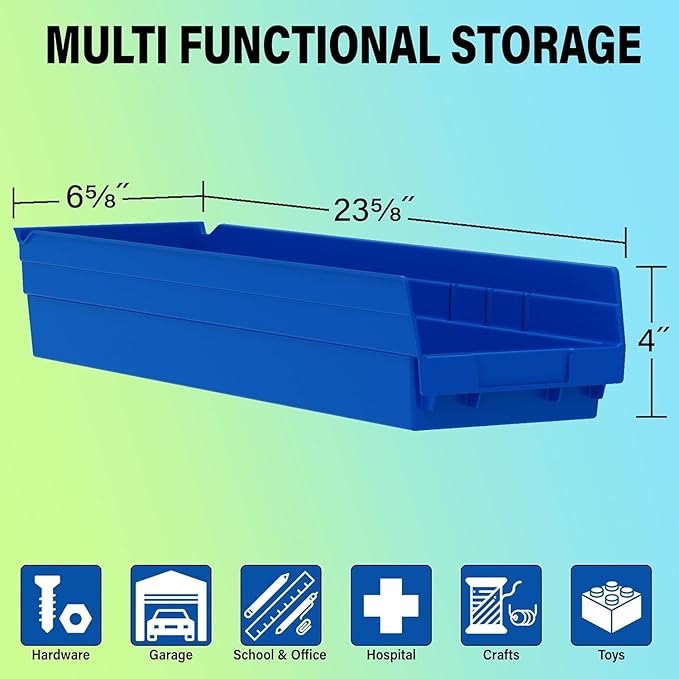 Akro-Mils 30164 Plastic Shelf Bins, Heavy Duty Storage Bins for Garage, Closet, and Drawer Organization, 24-Inch x 6-1/2-Inch x 4-Inch, Green, 6-Pack