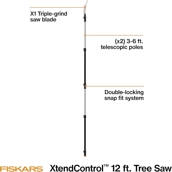 Fiskars XtendControl 12' Tree Pruner with 15" X1 Triple-Grind Saw, Two 3-6 Ft Extension Poles for Overhead Branch Trimming, Lightweight Aluminum Pole Saw with Secure Double-Locking System, Orange