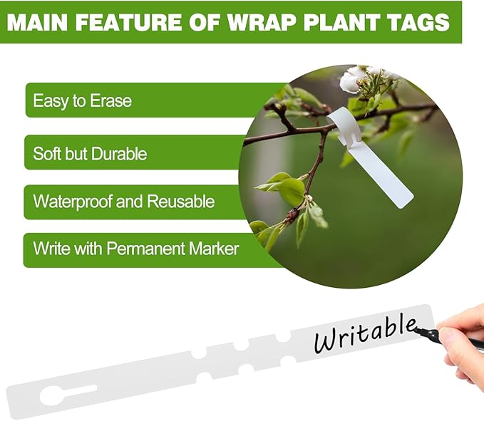 Plant Labels 200Pcs Yuanling Plastic Plant Tree Tags Wrap Around Hanging Tags Nursery Tree Markers Adjustable Garden Labels for Indoor Outdoor Gardening Plants (White)
