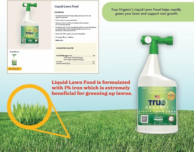 True Organic Liquid Lawn Food – Rapid Green-Up Lawn Fertilizer with 1% Iron – Covers Up to 2,000 Sq. Ft. – 32 fl. oz. Hose-End Sprayer