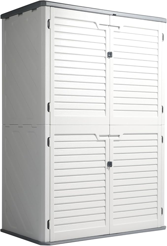 VINGLI Outdoor Storage Shed, Resin Storage Cabinet with Lockable Design, Weatherproof Tool Shed with HDPE Material, Resin Deck Box for Garden Tools, Pool Equipment, Garbage Cans, White (59 Cu.ft)