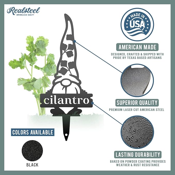 RealSteel Gnome Plant Markers Metal Garden Stakes | Outdoor Garden Labels & Plant Tags for Vegetables & Herbs | Decorative Yard & Raised Bed Garden Signs | Gardening Gift | Made in USA - (Broccoli)