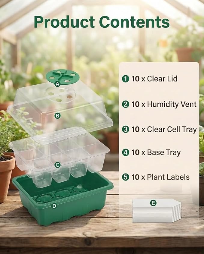 10 Packs Seed Starter Tray Seed Starter Kit with Humidity Dome (120 Cells Total Tray) Seed Starting Trays Plant Starter Kit and Base Mini Greenhouse Germination Kit for Seeds Growing Starting