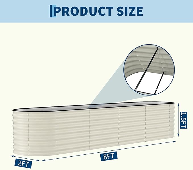 Garvee 2 Pack 8x2x1.5ft Galvanized Raised Garden Bed Kit, Oval Metal Planter Boxes with Anti-Cut Safety Edges, Rust-Resistant Deep Root Planters for Outdoor Vegetables, Flowers, Herbs, Beige