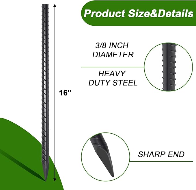 AAGUT 16 Inch Rebar Stakes Heavy Duty 16 Pack 3/8" Diameter Landscape Timber Spikes, Straight Stakes with Chisel Point End, Ground Anchors for Camping Tent, Garden Plant Support, Concrete, Black