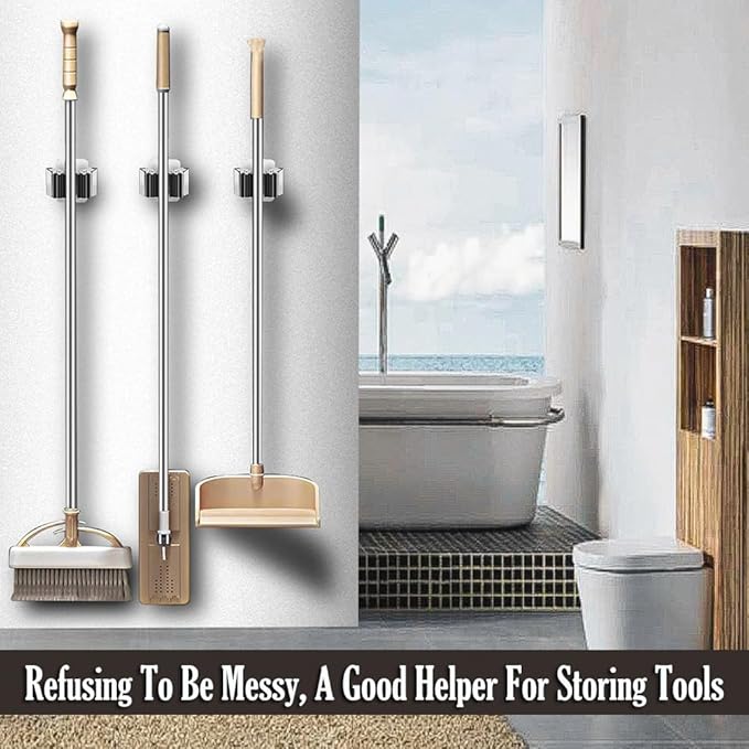 AKOAK Broom and Mop Rack Holder, Wall Storage Organizer, Screw Mount, Garden Tool Organizer Stainless Steel Mop Rack, Home, Kitchen, Bathroom, Garden, Garage Storage (4 PCS, Black+Silver)