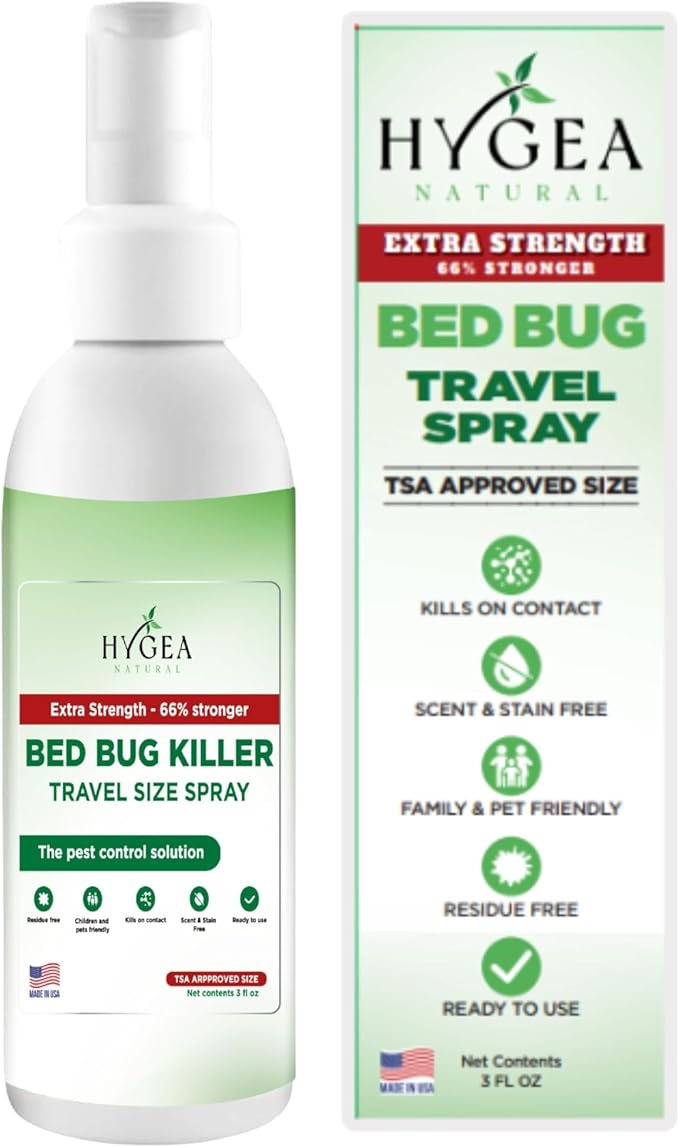 Hygea Natural Extra Strength Bed Bug Killer & Mite Travel Spray,TSA Approved Size, Child & Pet-Friendly, Stain & Odor Free, for Hotel, Suitcase, Backpack, Shoes, 66% Stronger Natural Formula(3oz)