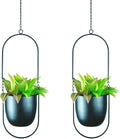 Metal Oval Hanging Planter, Set of 2 Black Geometric Plant Hangers with 6 inch Flower Pots in Oval Shape, Modern Wall and Ceiling Plant Holders for Indoor Outdoor Plants Home Décor
