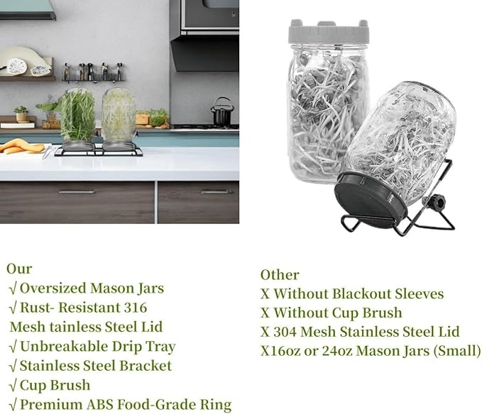 Lulonpon 2pcs Sprouts Growing Jar Kit, Wide Mouth Quart Mason Jars with Stainless Steel Screen Sprout Lids, 86mm,1000ml,Stand,Tray and Canning Brush,Seed Sprouter Set for Broccoli, Alfalfa, Mung Bean
