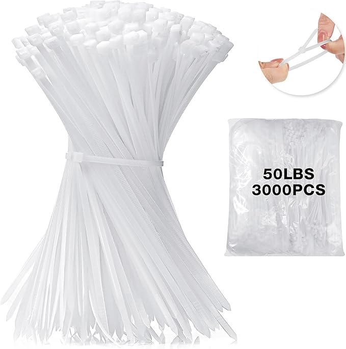 3000 Pieces Cable Zip Ties Bulk Heavy Duty Cable Ties Nylon Tie Wraps Self Locking Wire Ties for Plants Gardening Farming Grid Wall Fence Indoor and Outdoor(White, 12" (50lb))