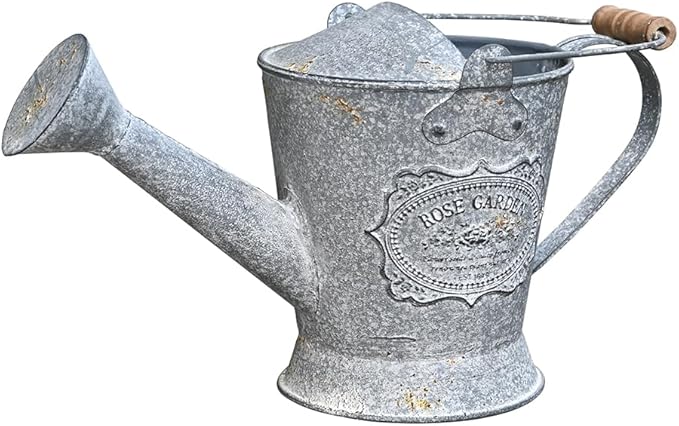 Vintage Metal Watering Can with Wooden Handle, Watering Can for Indoor/Outdoor Plants, Shabby Chic Decor for Home Balcony Courtyard Garden Gray