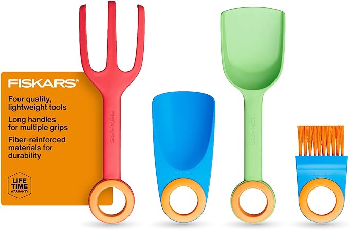 Fiskars Kids Garden Tool Set (4-Piece) - Ages 3+ Educational Tool Set for Yard Work - Cultivator, Trowel, Scoop and Brush with Organizational Hang Holes