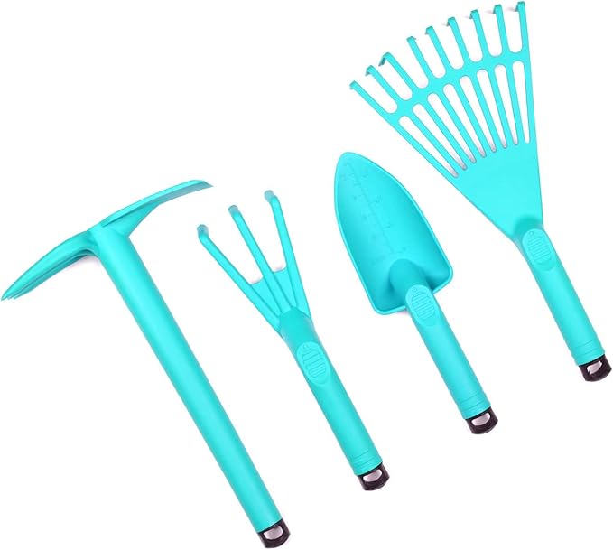 Mintra Garden Tool Set, 4-Piece Heavy Duty Gardening Tools, Includes Cultivator, Trowel, Shovel & Rake, Durable Poly Material & Non-Slip Handle, Planting, Potting, Yard Work, Landscaping – Teal