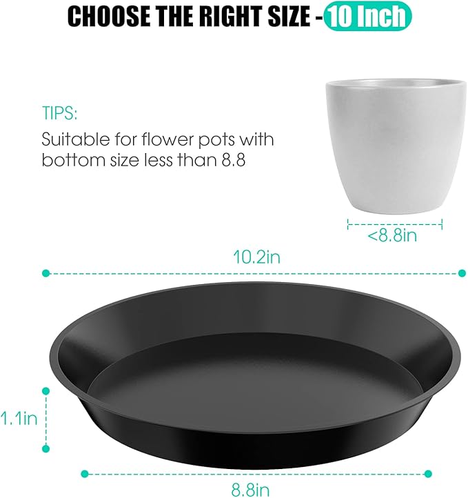 6 Pack Plant Saucer 4 6 8 10 12 14 16 18 20 22 Inch Plastic Plant Tray, Sturdy and Durable Flower Pot Container Accessories Plant Pot Saucers for Indoor and Outdoor (10 Inch, Black)