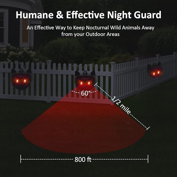MAGIC CAT Solar Animal Repellent, Wild Animal Predator Red Eyes LED Blinking Lights, Waterproof Nocturnal Animal Repeller to Keep Skunk, Deer, Coyote, Raccoon Away from Garden Yard Farm Chicken Coop