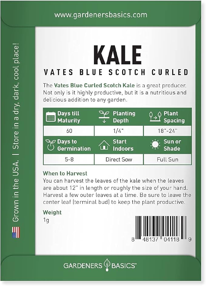 Gardeners Basics, Kale Seeds for Planting, Heirloom, Non-GMO Vegetable Variety - Great for Indoor, Outdoor, and Hydroponics Gardening (Vates Blue Scotch Curled)