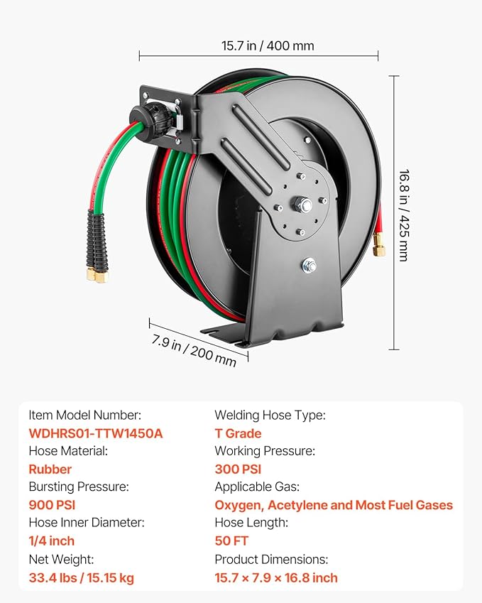 VEVOR Retractable Welding Hose Reel, 1/4-Inch x 50FT Twin Oxygen Acetylene Rubber Hose Max 300PSI - T Grade, Ceiling/Wall Mount Heavy Duty Steel Hose Reel Auto-Rewind, Ideal for Workshops Garages