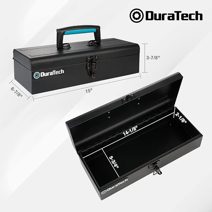 DuraTech Tool Box, 15" Portable Steel Small Tool Box with Metal Latch Closure & Plastic Handle with Anti-slip Base, Multi-Purpose Heavy Duty Toolbox, Black