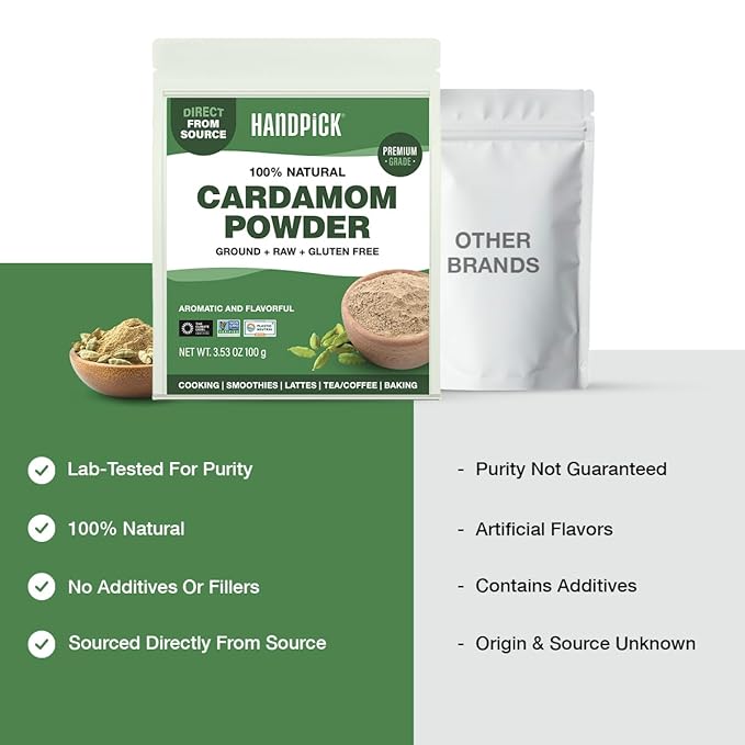 HANDPICK Cardamom Powder (100g/3.53oz) Gluten Free, Raw Ground Elaichi for Cooking, Smoothies, Lattes, Masala Tea, Packed in Resealable Zip Lock Pouch