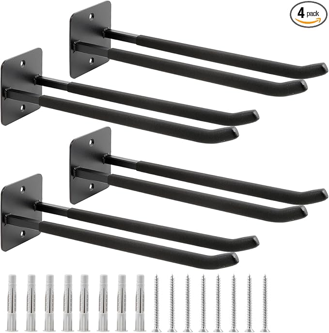 Sinoer Heavy Duty Double Garage Hooks 14 Inch Wall Mount Steel Utility Hooks, Tool Organizer for Ladders, Chairs, Ropes, Tires & Strollers (4 Pack)
