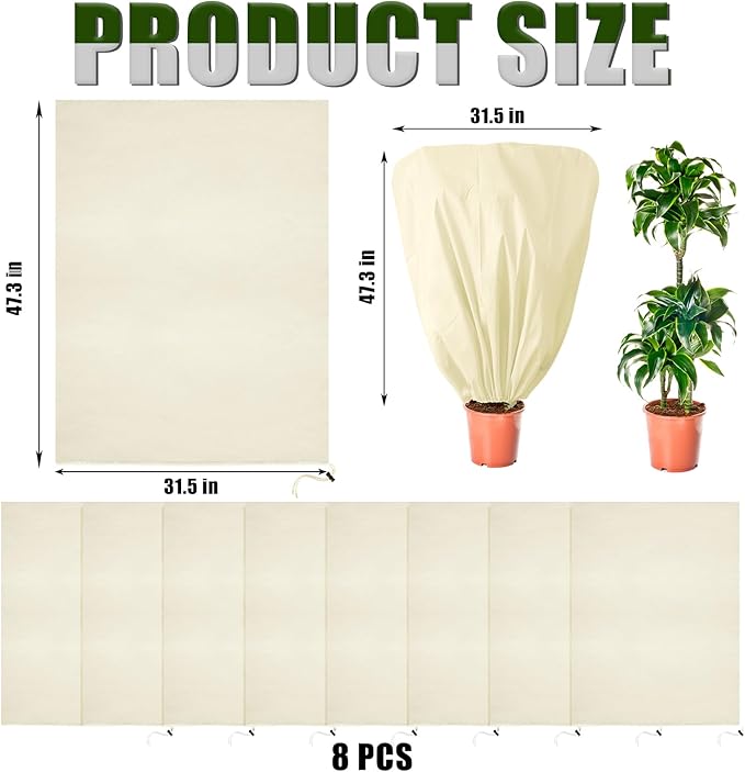 8 Pcs Plant Covers Frost Protection Bag 47" x 31.5" Winter Reusable Plants Jacket with Drawstring Shrub Protection Wraps Bags Frost Blanket for Winter Outdoor Garden Plants