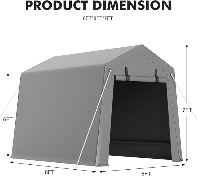 GarveeLife 6 x 8 ft Carport Storage Shed, Portable Garage with Roll-up Zipper Door, Heavy Duty Waterproof Tarp, Storage for Motorcycle, Bike, Firewood, Garden Tools
