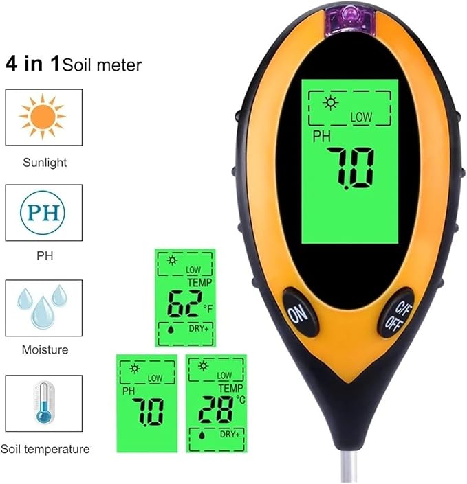 4 in 1 Soil PH Meter Moisture Monitor Temperature Sunlight Tester with Blacklight