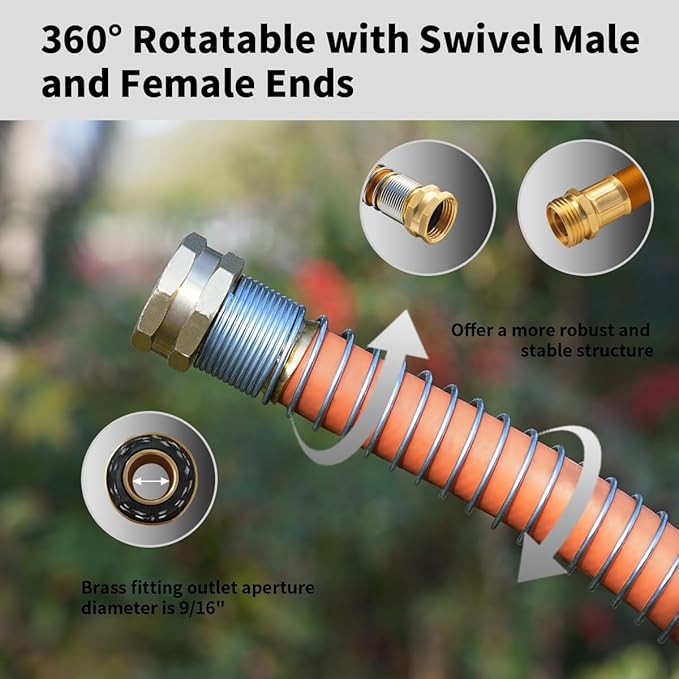 WiseFlow Garden Hose 50FT x 3/4", Heavy Duty Rubber Hose, Water Hose with Five Layered Braiding, Male Female Fittings, 1000PSI Burst, 300PSI Working (Orange)