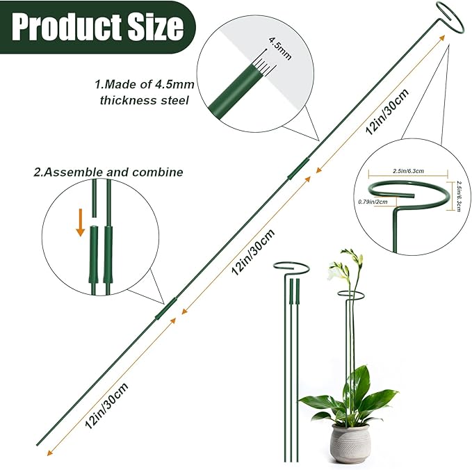 4.5mm Adjustable Length Plant Stake, Assembled (12 or 24 or 36 inch) Outdoor and Indoor Plant Support Poles for Flowers Marigolds Tomatoes Lilies Peonies Roses Daffodils Flower Clips (4Set,12Pcs)