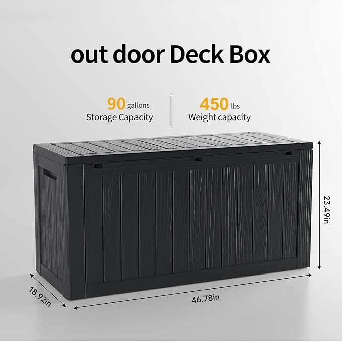 90 Gallon Deck Box,Waterproof Resin Outdoor Storage Box for Patio Furniture,Outdoor Cushions,Garden Tools and Pool Supplies,Weatherproof(Black,90Gallon)