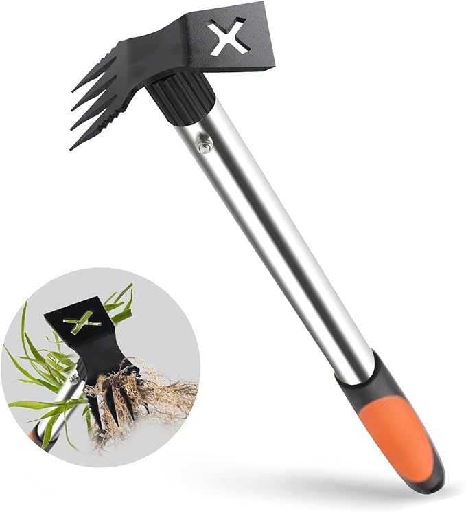 Upgraded 17" Weed Puller Tool, Portable Garden Weed Pulling Tool for Weeding Uprooting Planting, 2 in 1 Hoe & 4 Teeth Rake Manual Weeder, Durable Weed Remover Gardening Hand Tools for Yard Lawn Farm