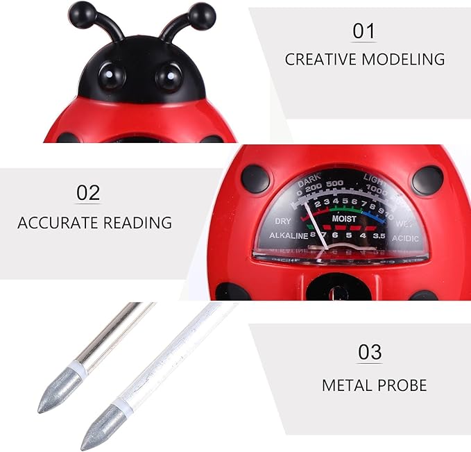 FRCOLOR 3-in-1 Ladybug Soil Tester Garden Tool with Ph Moisture and Light Measurement for Outdoor Plant Care Gardening Supply