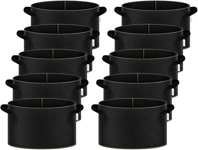 iPower 5-Gallon 10-Pack Grow Bag Thickened Nonwoven Fabric Pots Heavy Duty Aeration Container with Strap Handles for Garden and Planting Vegetable Flowers, Black with Green Stitch Sewing