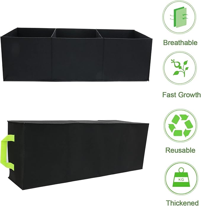 Plant Grow Bags, 4 Pack Fabric Raised Planting Bads, 3 Holes Rectangle Grow Bag, 15 Gallon Breathable Potato Tomato Planter Pots for Outdoor Vegetables Plant Flowers (Black)