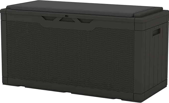 Patiowell 100 Gallon Resin Deck Box with cushion, Waterproof Large Outdoor Storage Box for Patio Furniture and Garden Tools, Black