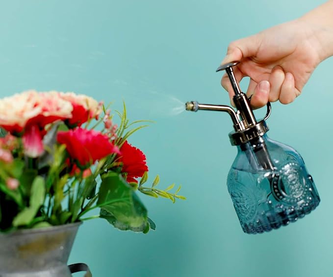Hniuyun Glass Plant Mister Spray Bottle, 6.4 All Vintage Plant Spritzer Watering Can, Bronze Plastic Top Pump, Plant Mister Glass Watering Garden Tool (Grey)