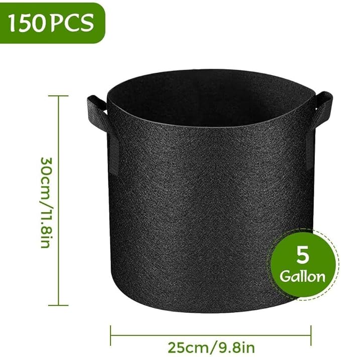 150 Pack 5 Gallon Grow Bags Bulk,Thickened Nonwoven Plant Fabric Pots with Handles,Heavy Duty Breathable Plant Growing Containers Bags for Garden Fruit Vegetable Flower